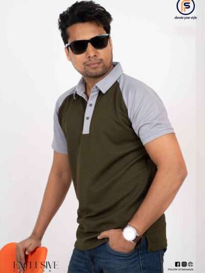 Men's olive green and white ash combination polo shirt with raglan sleeves and metal buttons