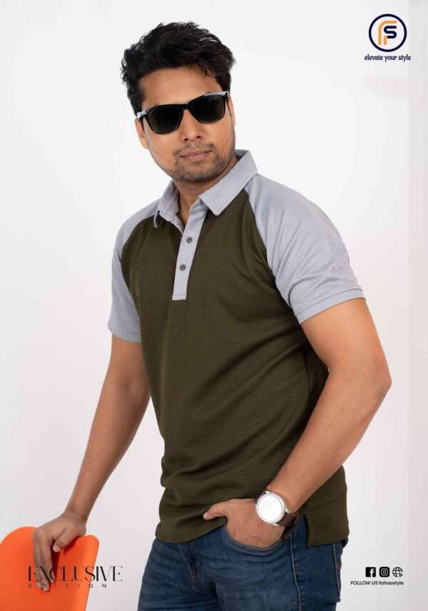 Men's Olive Green & White Ash Combination Polo Shirt Men's olive green and white ash combination polo shirt with raglan sleeves and metal buttons