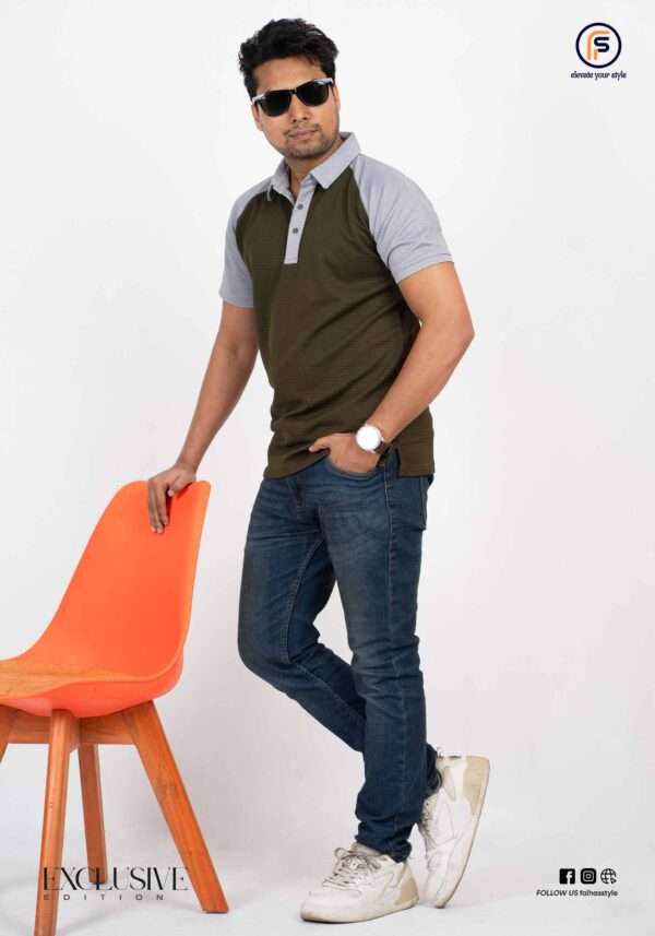 Olive Green Dominant Polo Shirt for Men Front view of olive green and white ash men's combination polo shirt with exclusive design
