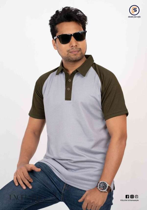 The dream remained a dream. Men's ash and olive green combination polo shirt with exclusive design and raglan sleeves