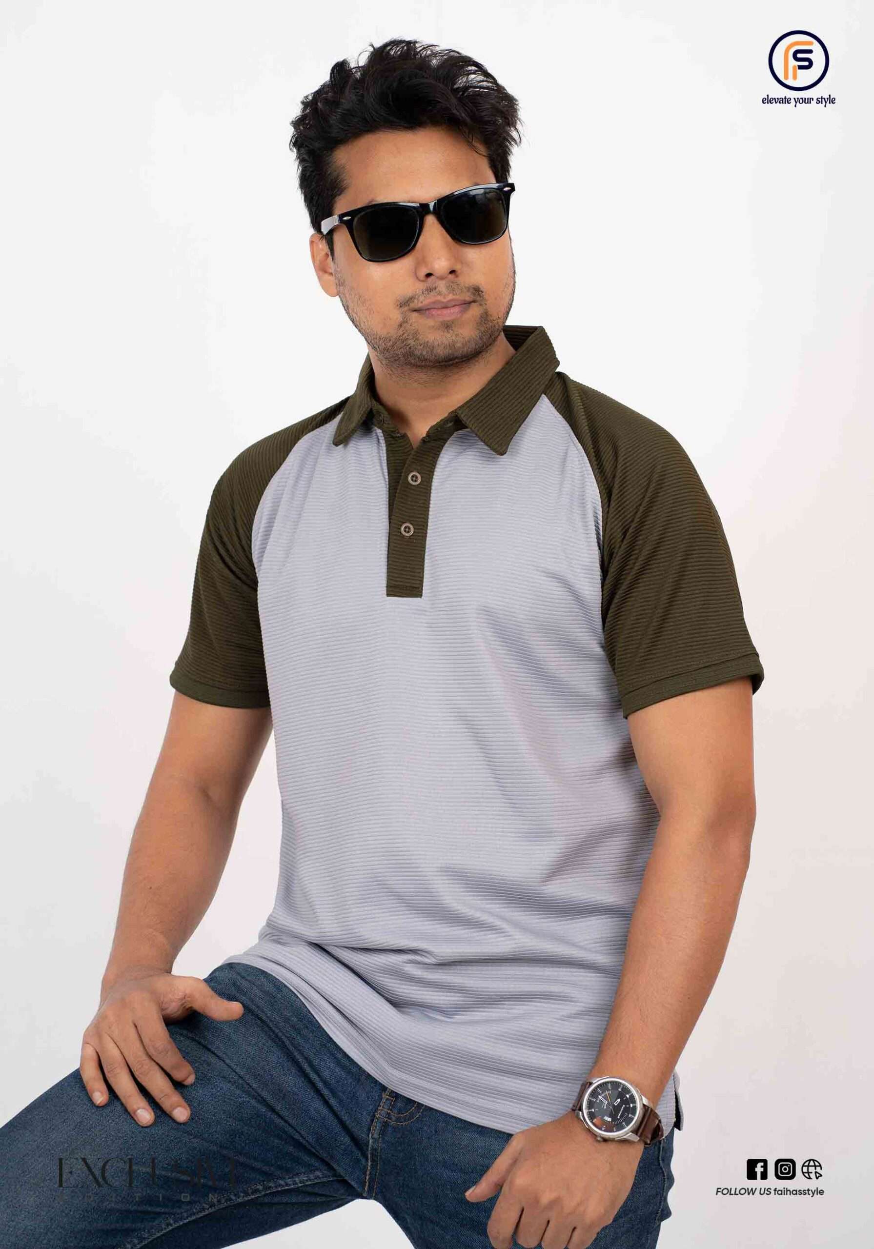Men's ash and olive green combination polo shirt with exclusive design and raglan sleeves