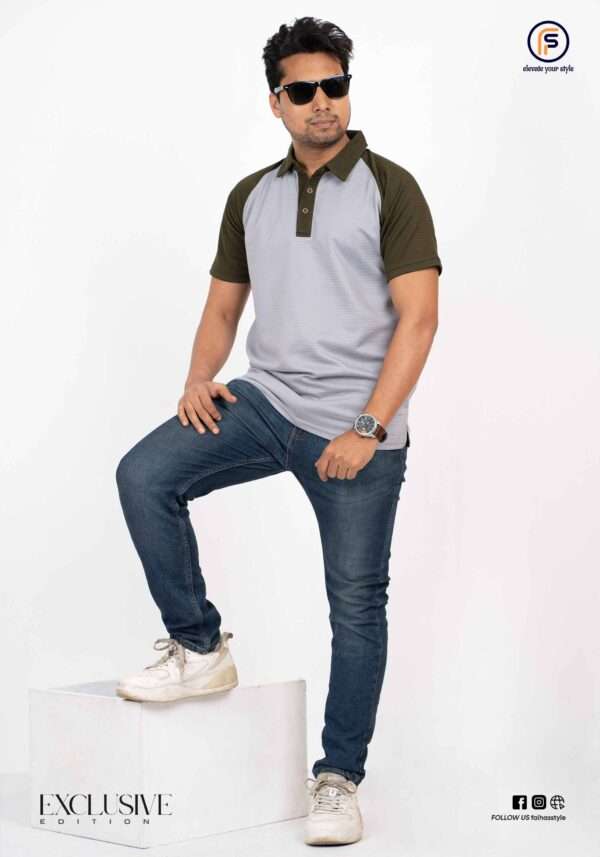 Men's Ash and Olive Green Combination Polo Shirt Men's ash and olive green combination polo shirt with exclusive design and raglan sleeves