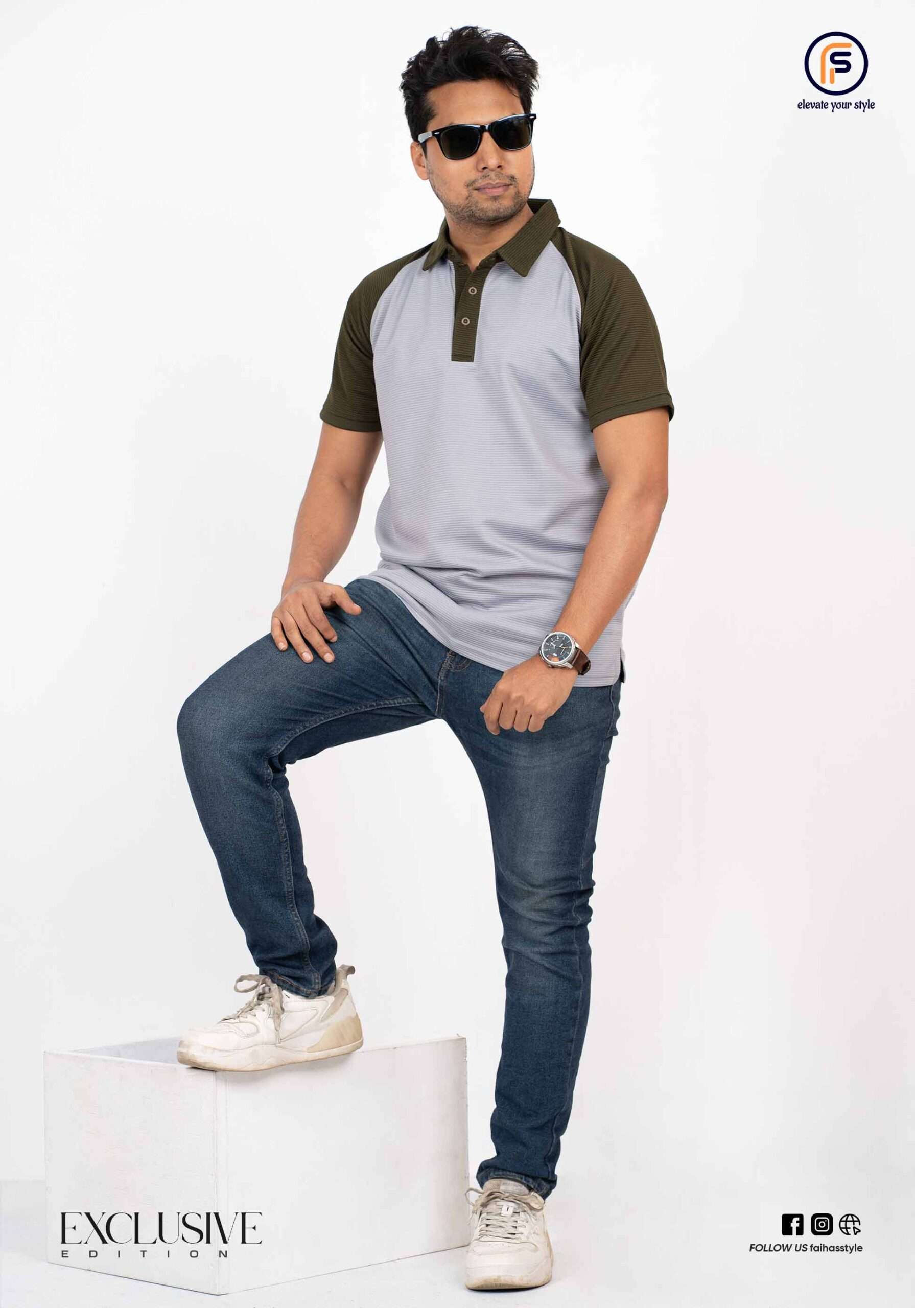 Men's ash and olive green combination polo shirt with exclusive design and raglan sleeves