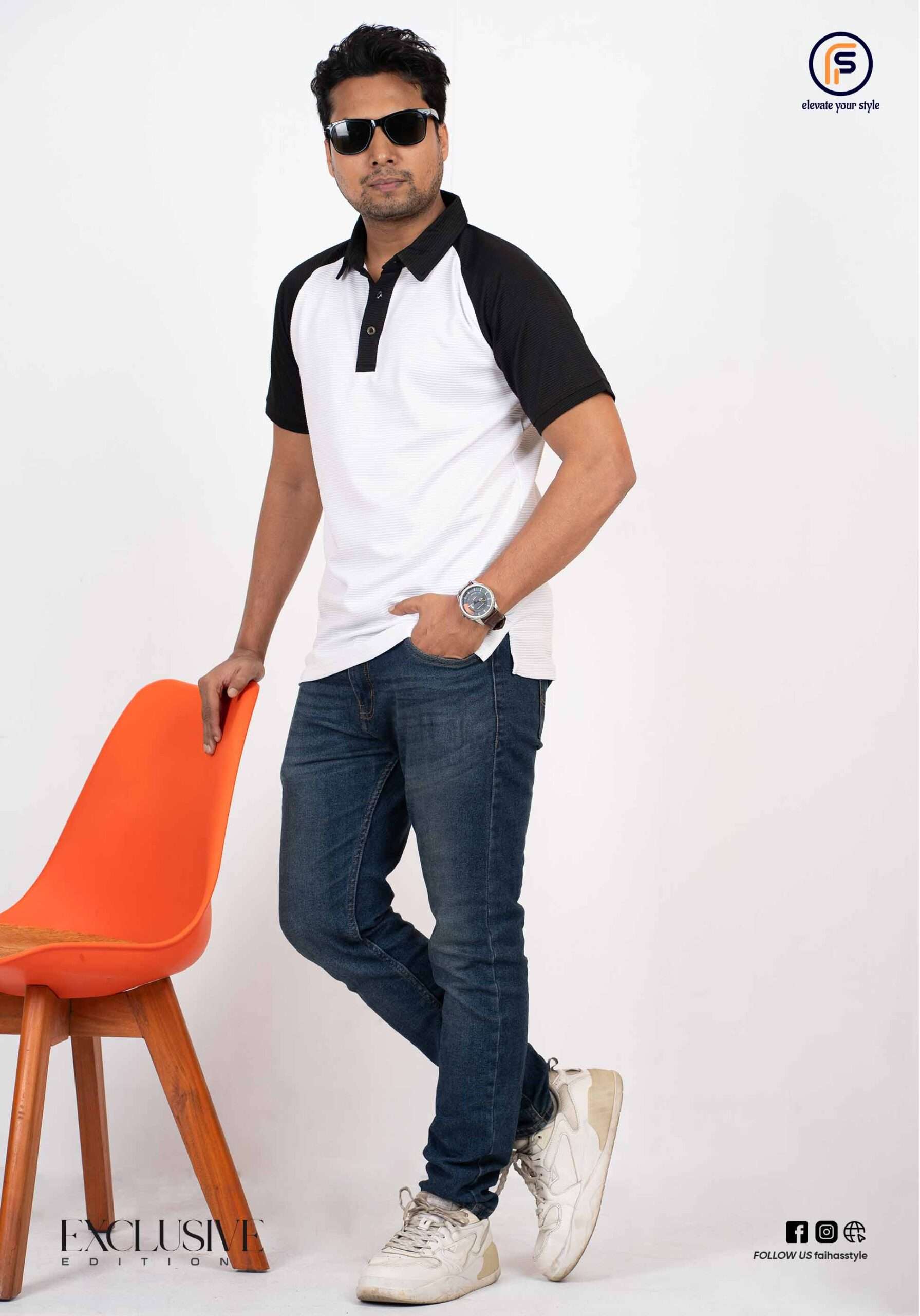 Front view of white and black contrast men's polo shirt with metal buttons