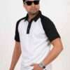 Men's white and black combination polo shirt with exclusive design and raglan sleeves