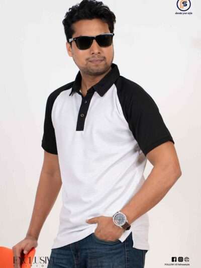 Men's white and black combination polo shirt with exclusive design and raglan sleeves