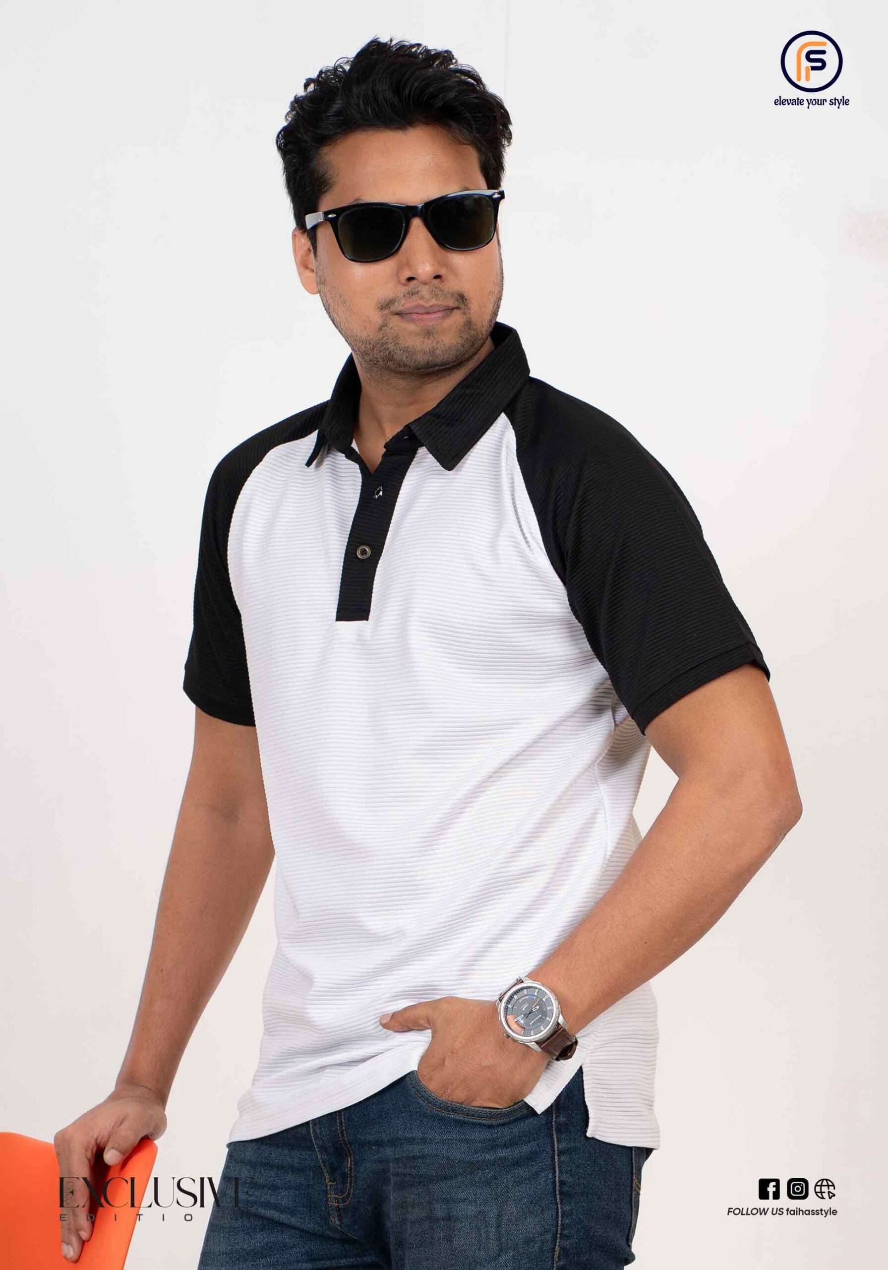 Men's white and black combination polo shirt with exclusive design and raglan sleeves