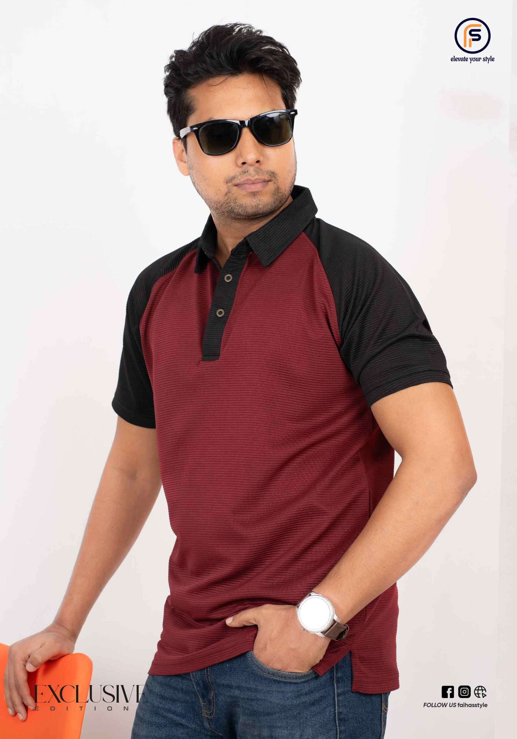 Faihas Signature Polo in premium cotton featuring an exclusive design and raglan sleeves on a mannequin.