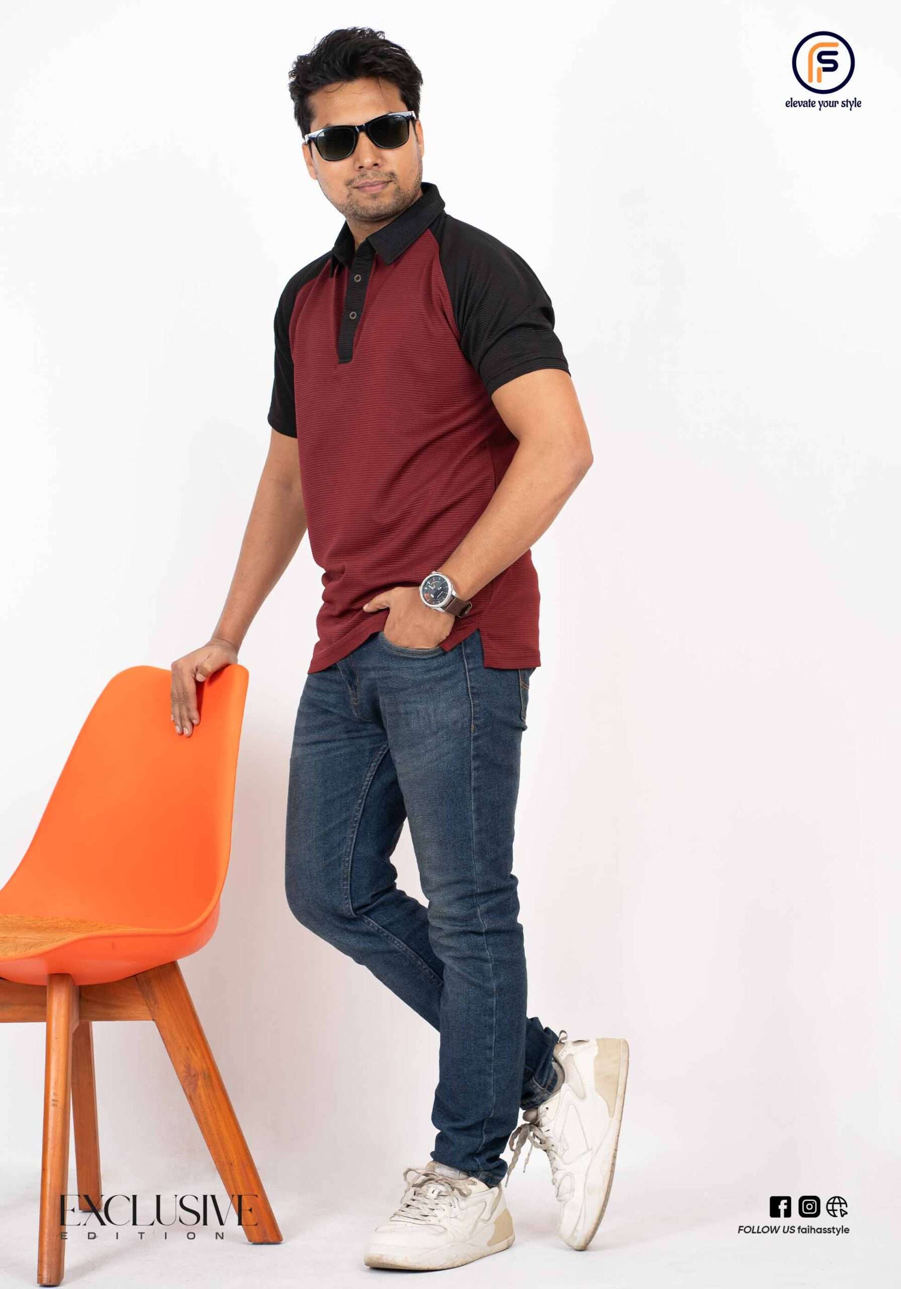 Faihas Signature Polo in premium cotton featuring an exclusive design and raglan sleeves on a mannequin.