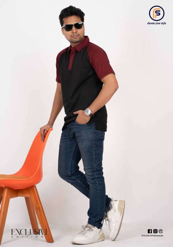 Black Cott Polo Shirt for Men Front view of black men's polo shirt with metal buttons