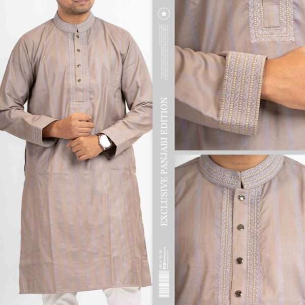 Faiha's Premium Strip Edition Panjabi grey Indian cotton jacquard stripe precision sewing embroidery snap button mandarin collar