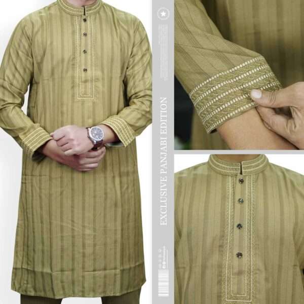Olive Green Premium Strip Panjabi – Faiha Style Premium Edition Faiha's Premium Strip Edition Panjabi olive green Indian cotton jacquard stripe embroidery snap button mandarin collar