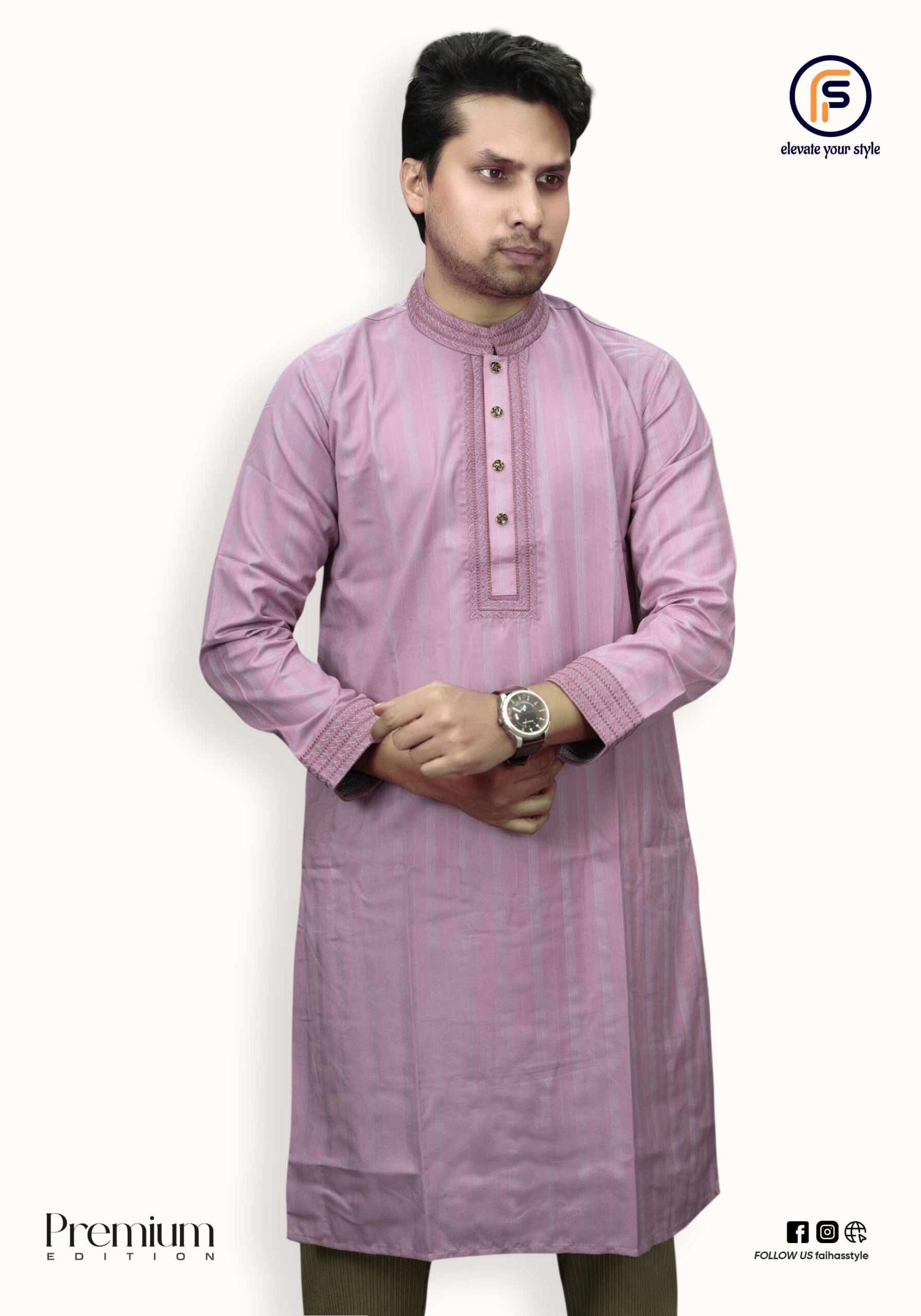 Faiha Basic Signature Edition Dusty Pink Panjabi with jacquard texture and premium metal snap buttons
