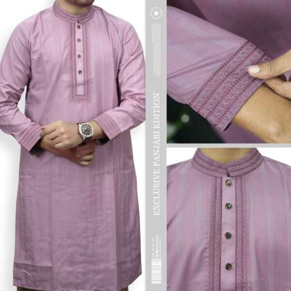 Dusty pink men's embroidered panjabi exclusive striped edition with matching pearl work on neckline and cuffs