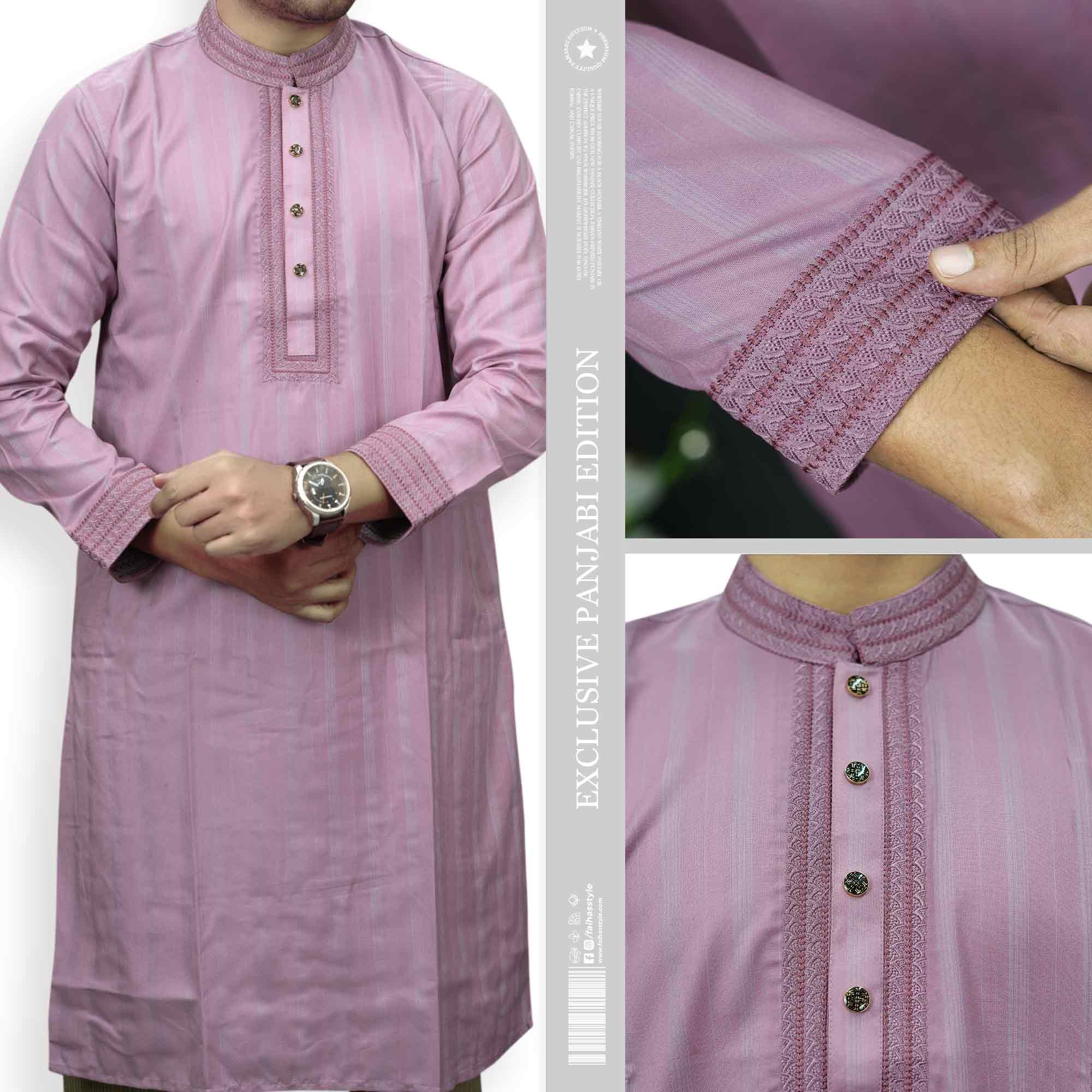 Dusty pink men's embroidered panjabi exclusive striped edition with matching pearl work on neckline and cuffs