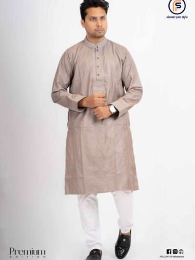 Grey Premium Strip Panjabi – Faiha Style Premium Edition Faiha's Premium Strip Edition Panjabi grey Indian cotton jacquard stripe precision sewing embroidery snap button mandarin collar
