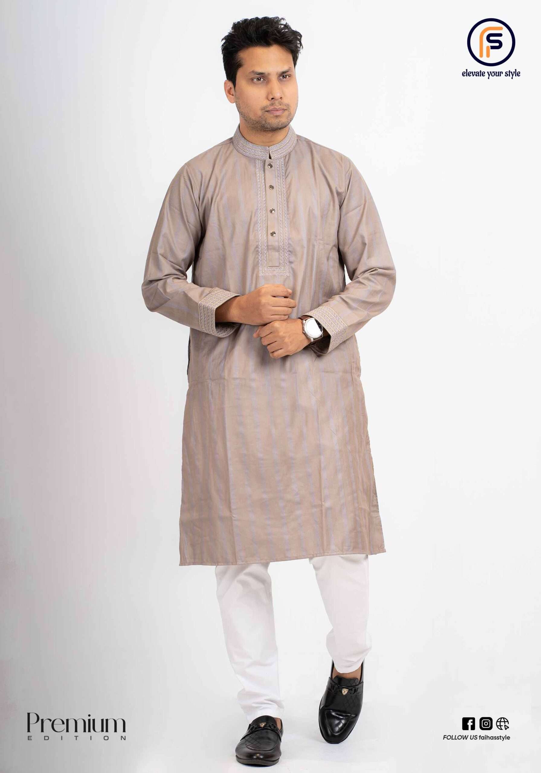 Faiha's Premium Strip Edition Panjabi grey Indian cotton jacquard stripe precision sewing embroidery snap button mandarin collar