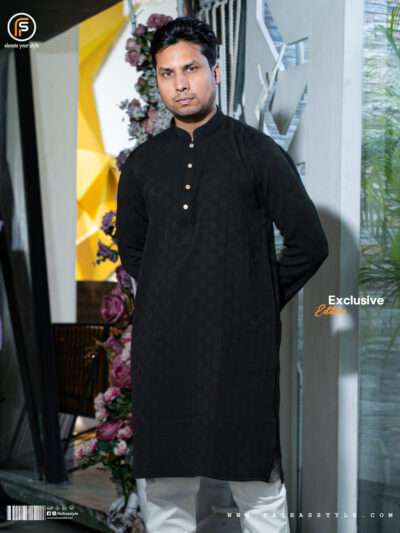 Faihas Gold Edition Black Panjabi for men with imported jacquard fabric and gold buttons