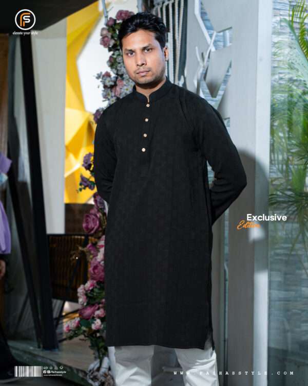 Faihas Gold Edition Black Panjabi for men with imported jacquard fabric and gold buttons