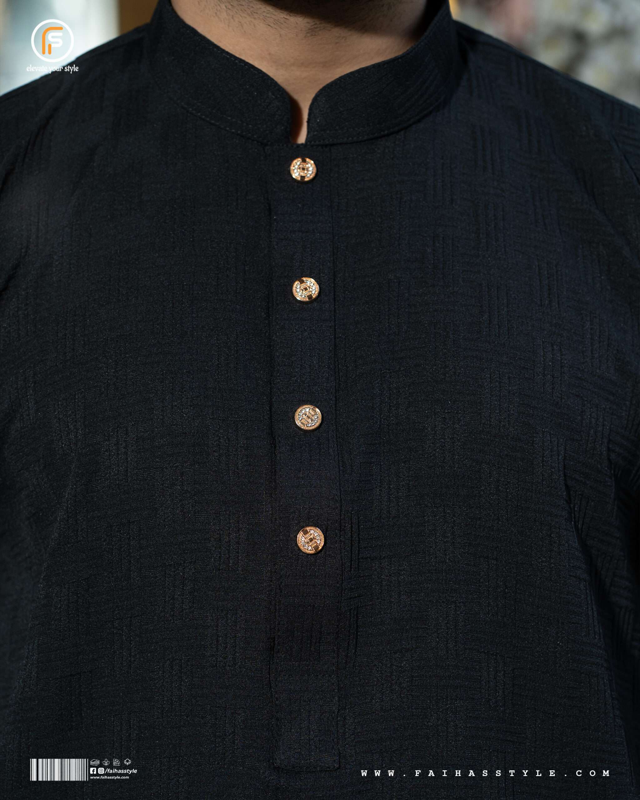 Faihas Gold Edition Black Panjabi for men with imported jacquard fabric and gold buttons