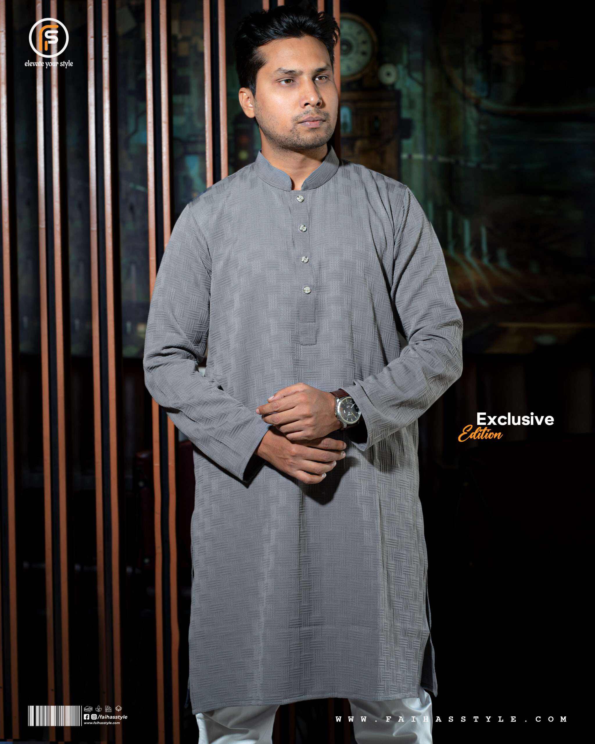 Faihas Gold Edition Ash Grey Panjabi with textured popcorn jacquard fabric