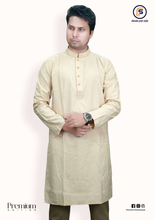 Faiha Style light biscuit checkered panjabi exclusive edition cuff detail mandarin collar tonal snap buttons imported Indian cotton