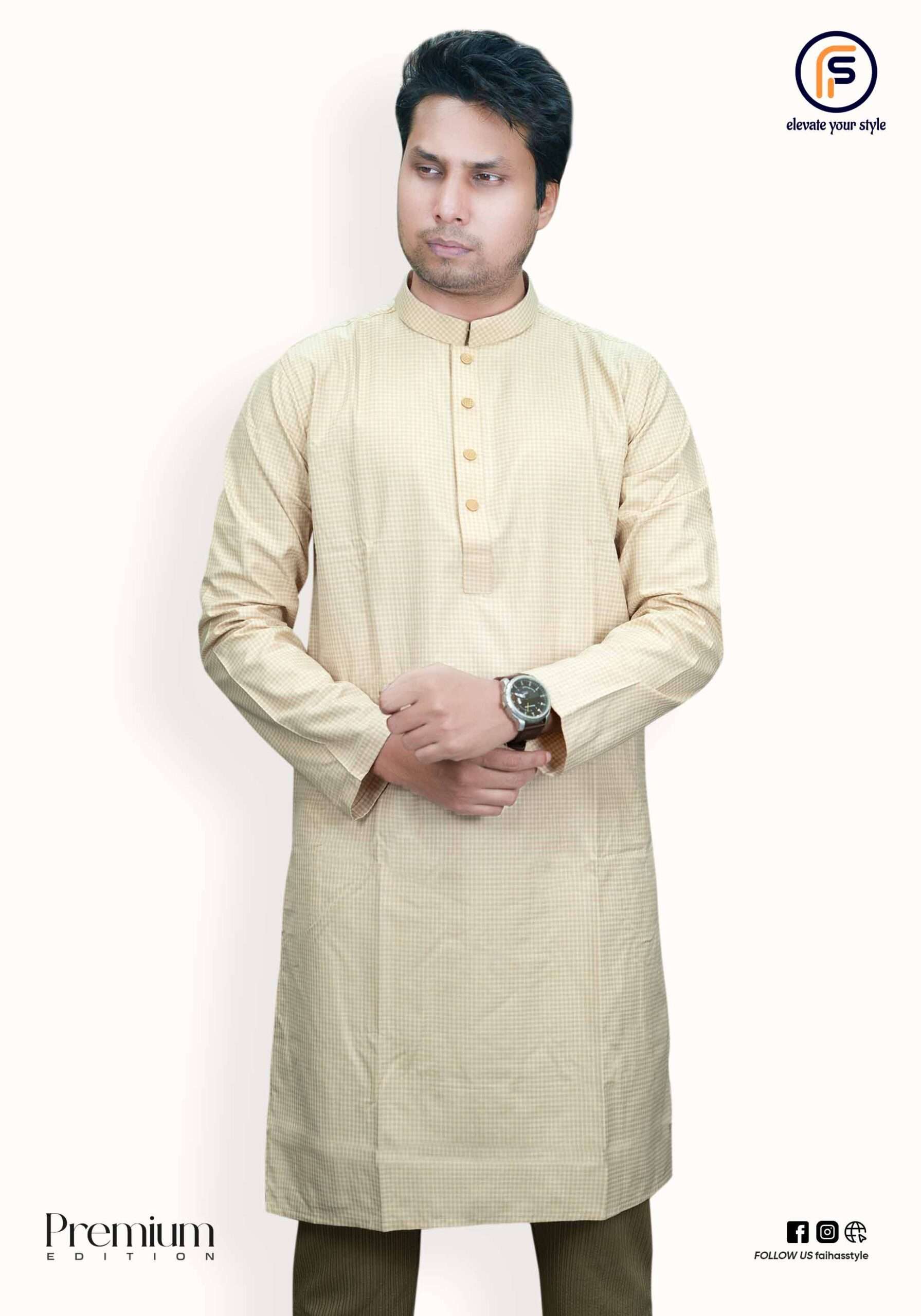 Faiha Style light biscuit checkered panjabi exclusive edition cuff detail mandarin collar tonal snap buttons imported Indian cotton