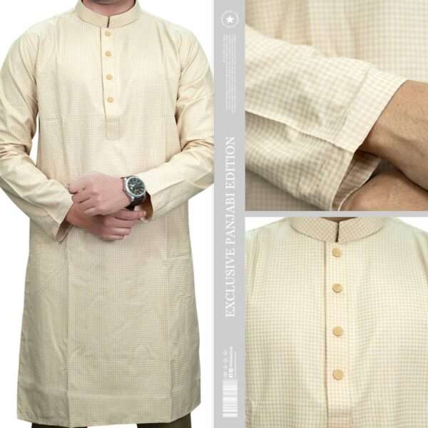 Men wearing light biscuit striped premium panjabi white pajama black loafers Faiha Style Premium Edition full look