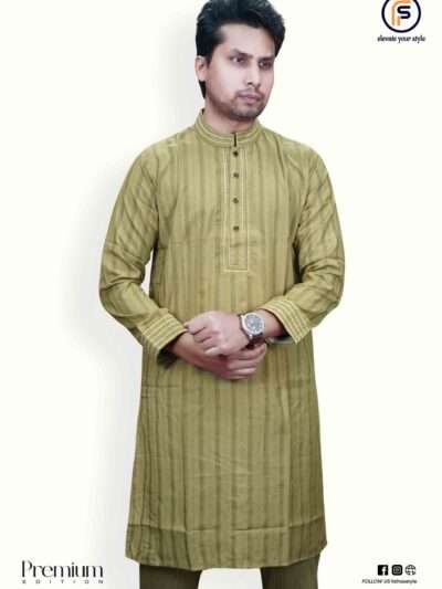 Faiha's Premium Strip Edition Panjabi olive green Indian cotton jacquard stripe embroidery snap button mandarin collar