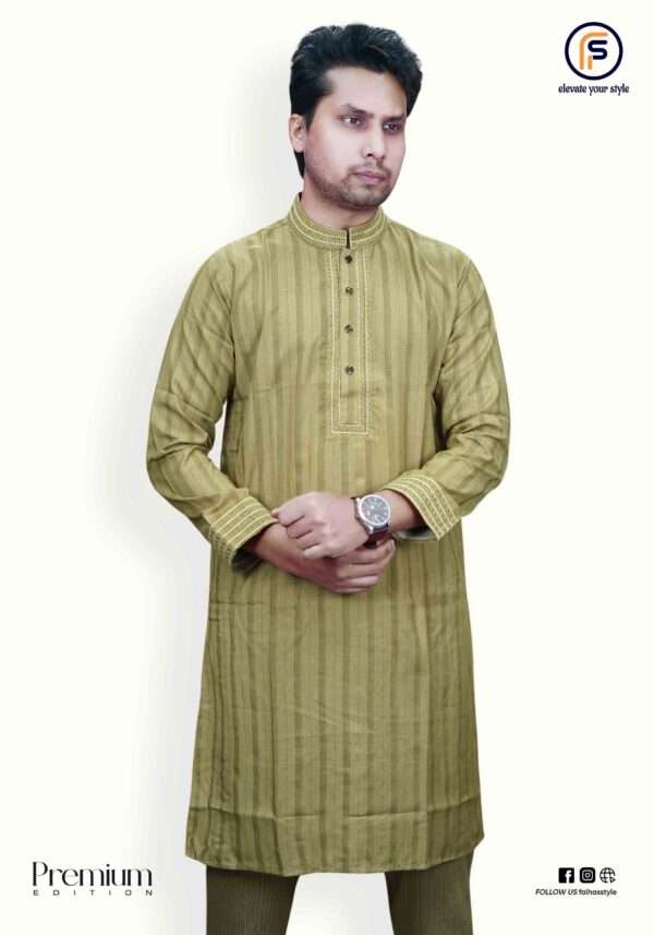Olive Green Premium Strip Panjabi – Faiha Style Premium Edition Faiha's Premium Strip Edition Panjabi olive green Indian cotton jacquard stripe embroidery snap button mandarin collar