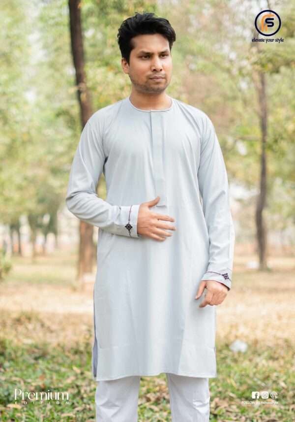 Faiha's Shahara Edition light grey Pakistani Grace fabric panjabi round collar straight placket embroidery cuff premium edition faihasstyle