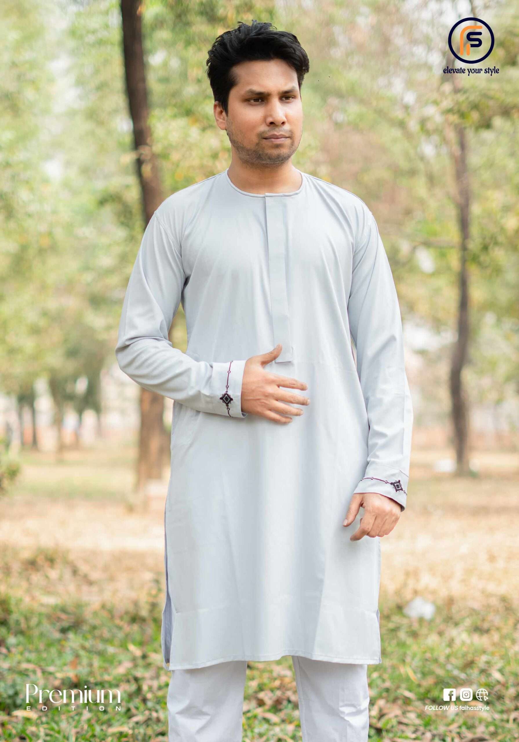 Faiha's Shahara Edition light grey Pakistani Grace fabric panjabi round collar straight placket embroidery cuff premium edition faihasstyle