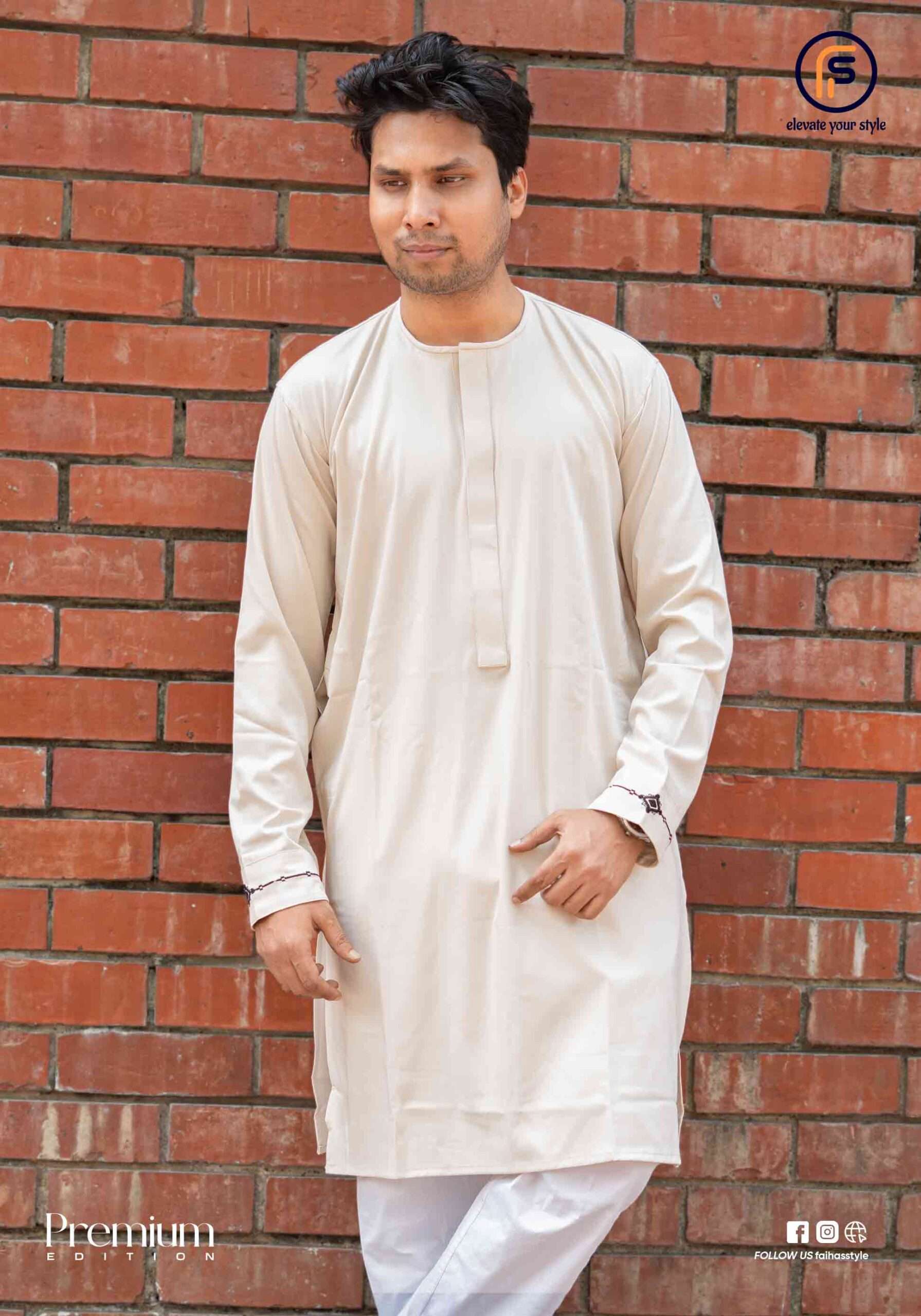 Faiha's Shahara Edition cream off-white Pakistani Grace fabric panjabi round collar straight placket embroidery cuff premium edition faihasstyle