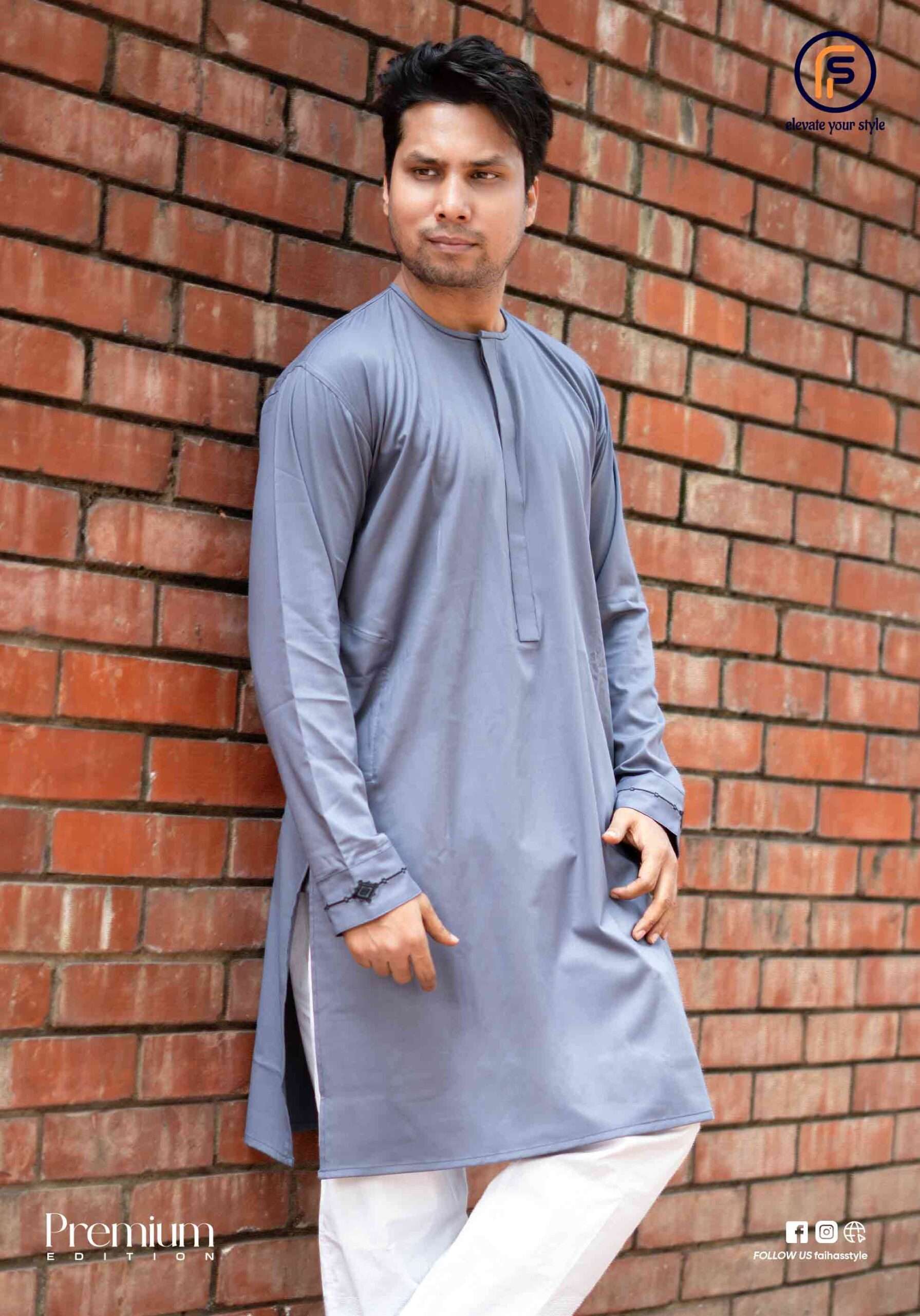 Faiha's Shahara Edition Indon Panjabi slate blue folded product shot luxury elegant mandarin collar contrast placket faihasstyle