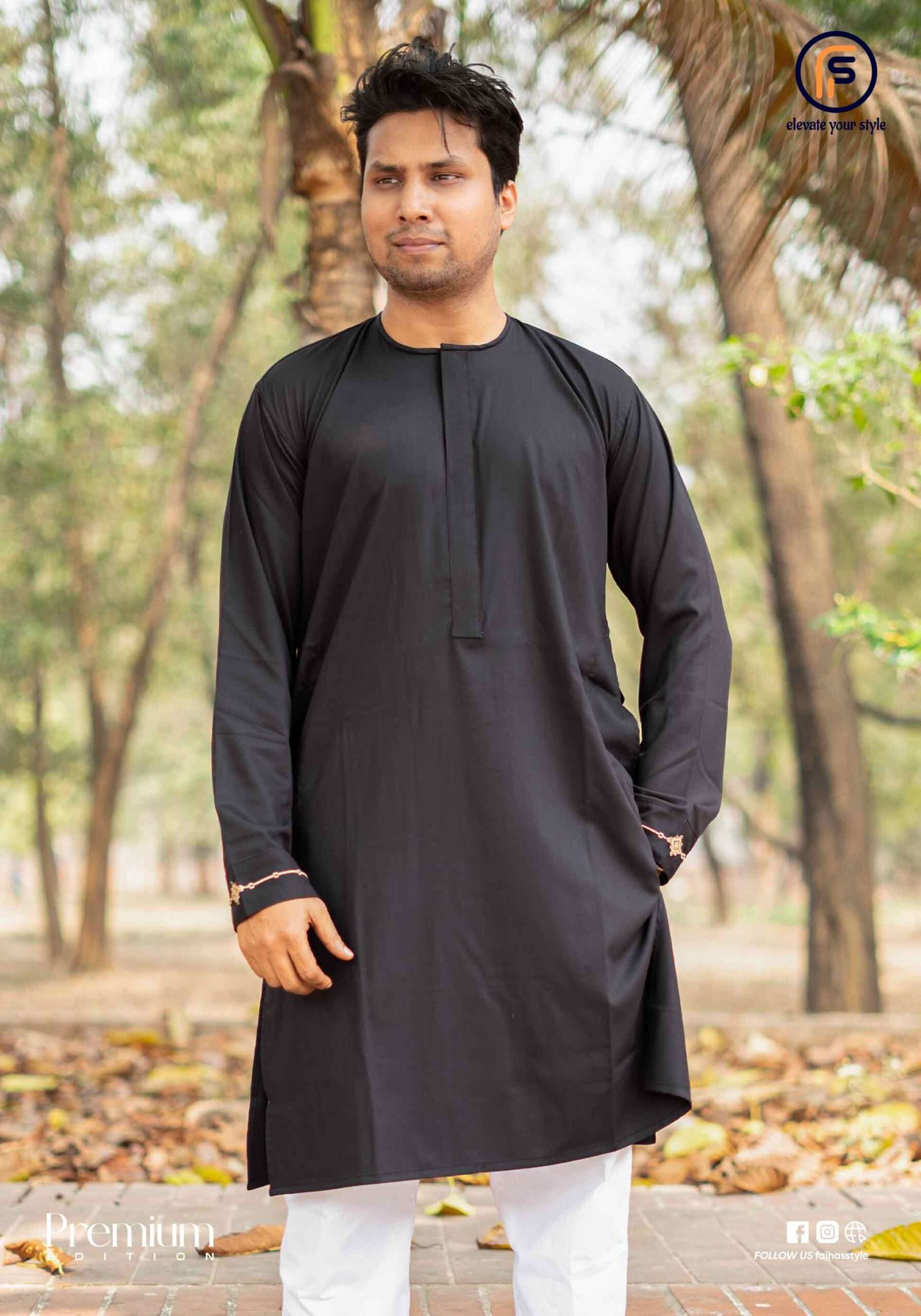 Faiha's Shahara Edition black Pakistani Grace fabric panjabi round collar straight placket stylish embroidery cuff premium edition faihasstyle