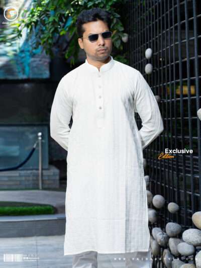 Faihas Gold Edition White Panjabi with imported China popcorn jacquard fabric and gold snap buttons