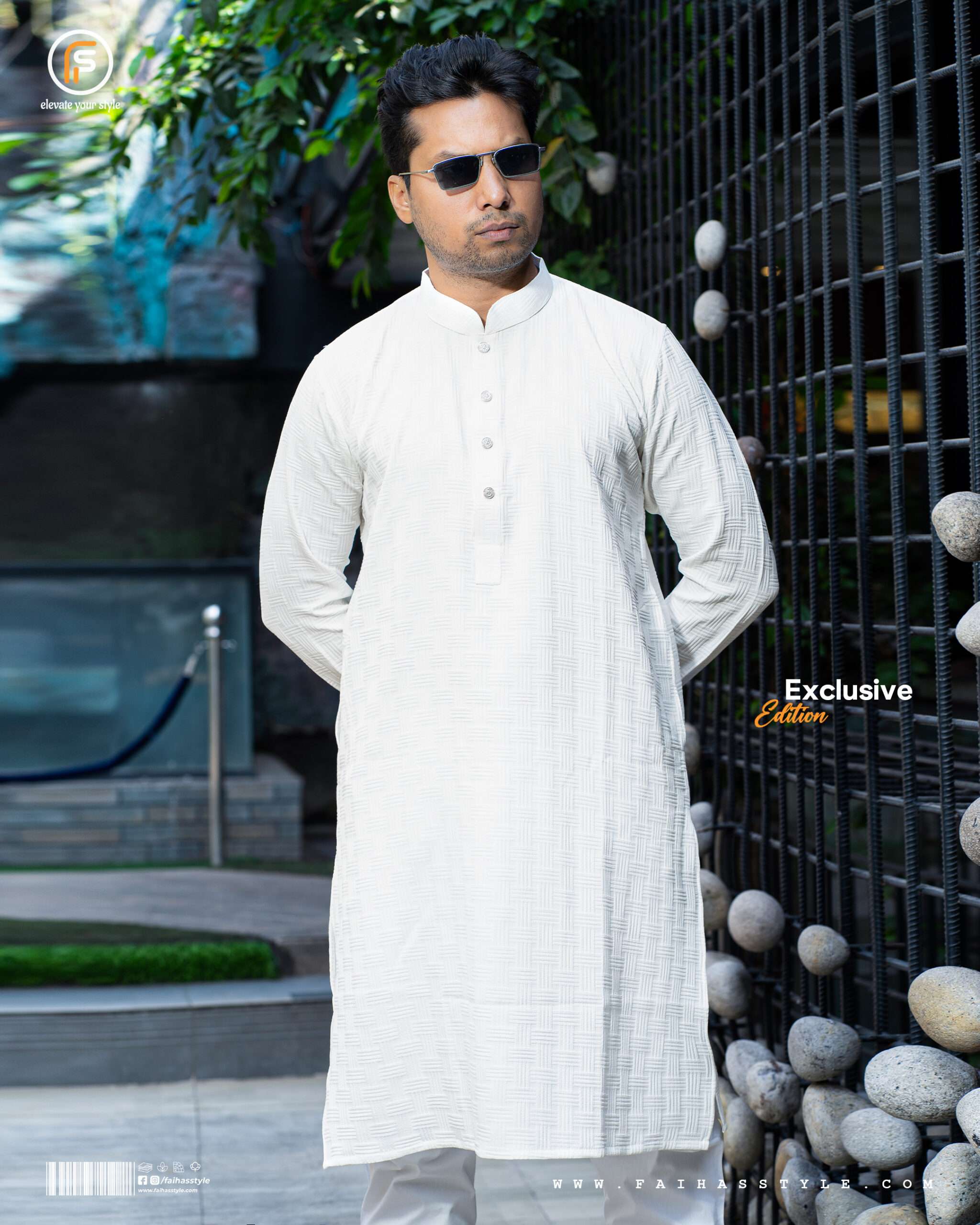 Faihas Gold Edition White Panjabi with imported China popcorn jacquard fabric and gold snap buttons