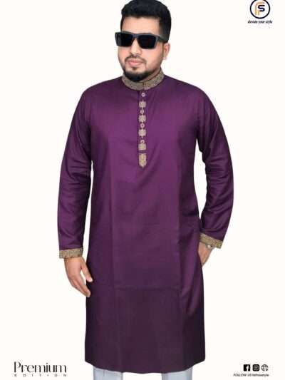 Buy premium purple panjabi with gold embroidery for men. Traditional ethnic dress with floral details. Fahim's Style size XL-44.
