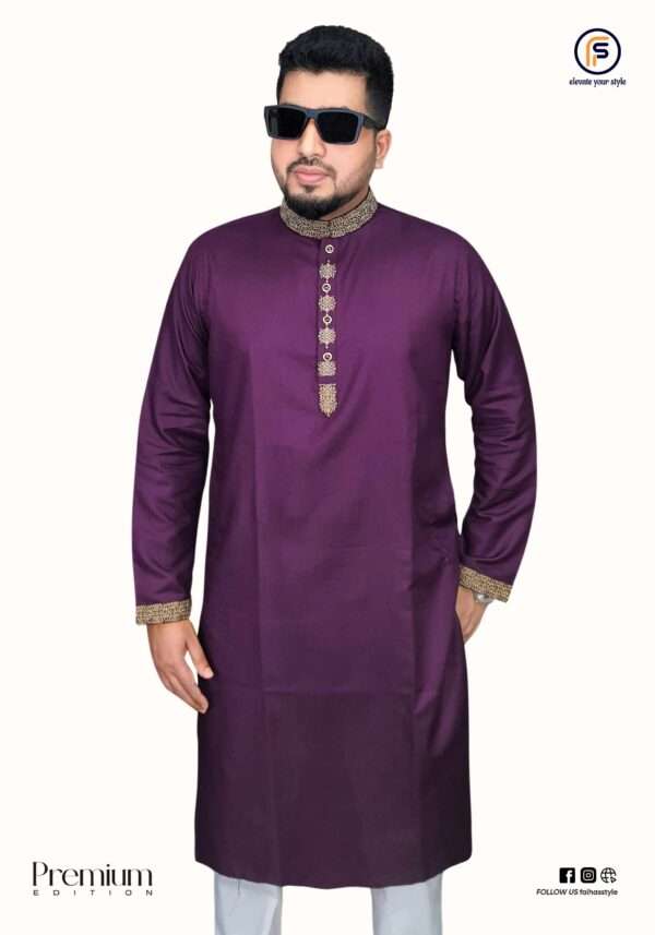 Buy premium purple panjabi with gold embroidery for men. Traditional ethnic dress with floral details. Fahim's Style size XL-44.