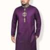 Men's white panjabi with teal floral embroidery, collar, and cuff details - Traditional Muslim dress