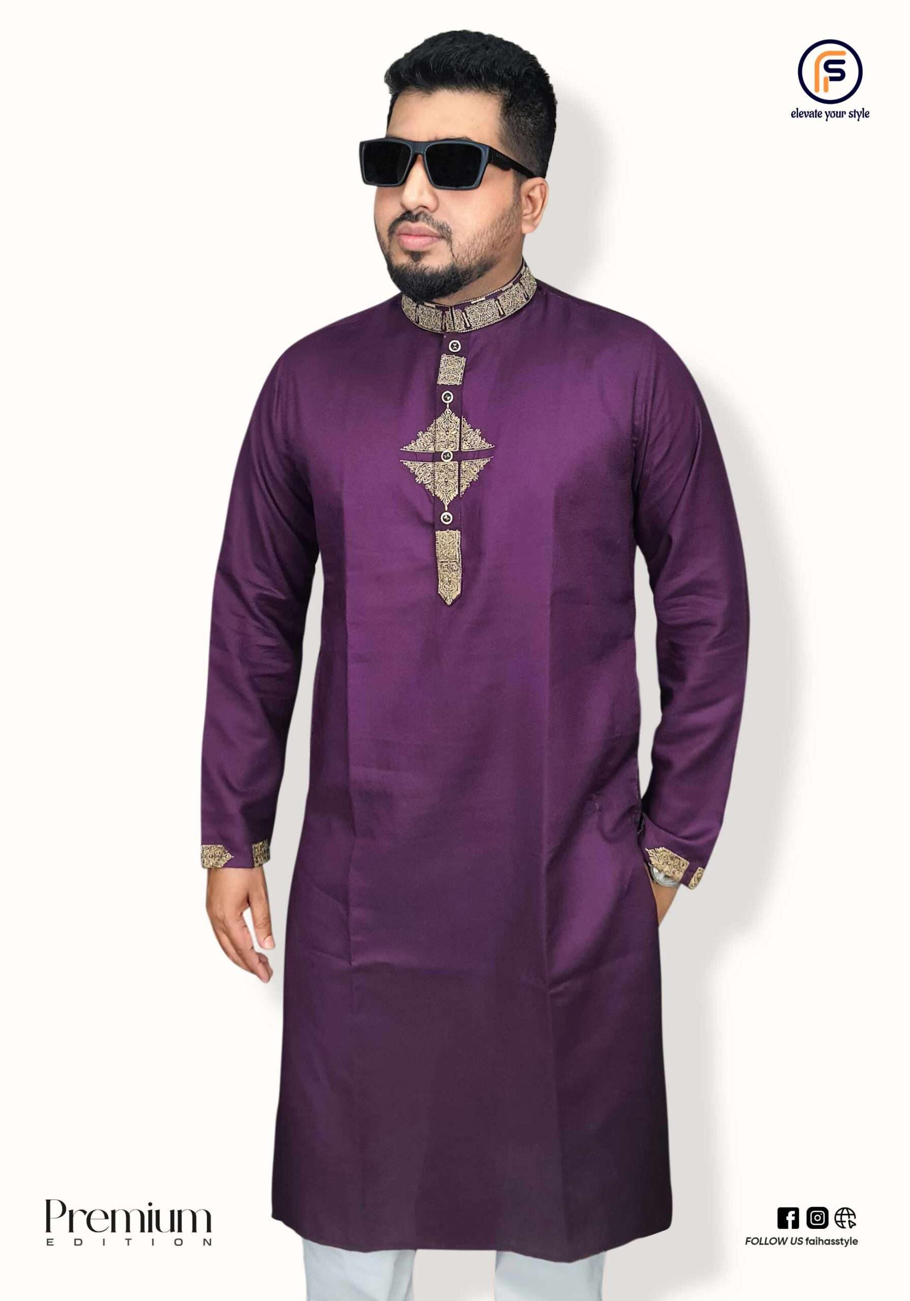 Men's white panjabi with teal floral embroidery, collar, and cuff details - Traditional Muslim dress