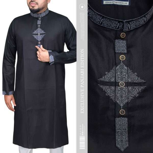 "Black Panjabi with Silver Grey Embroidery - Faiha's Style Exclusive Premium Edition XL-44"