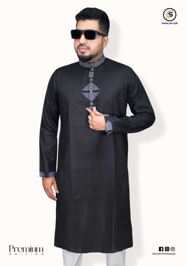 Sophisticated white panjabi with teal floral embroidery. Premium quality fabric with detailed embroidered collar, cuff, and front panel. Perfect for casual wear and religious occasions.