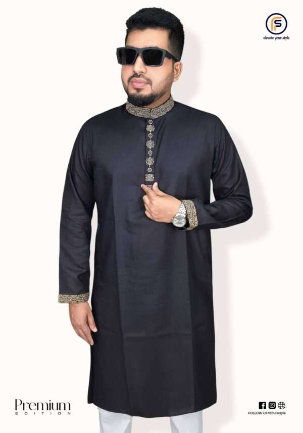Buy premium panjabi with gold embroidery for men. Traditional ethnic dress with floral details. Fahim's Style size XL-44.