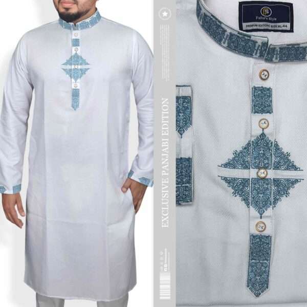 "Discover this stunning white premium cotton panjabi from Faiha's Style Premium Edition. Crafted from 100% premium cotton with a soft texture, this exclusive panjabi features intricate teal embroidery work on the collar, front placket, and cuffs. The garment showcases dimensional embroidery detailing with imported snap buttons for a sophisticated look. Available in size XL-44. Perfect for traditional occasions, weddings, and cultural events. Price: 2250 TK (Regular) | Sale: 1750 TK"