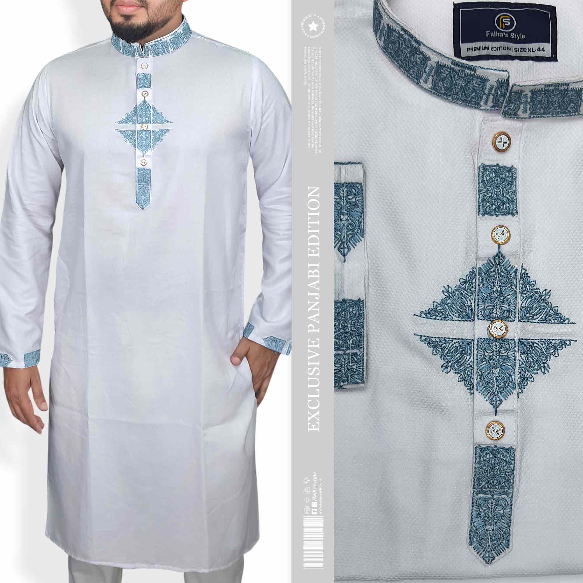 "Discover this stunning white premium cotton panjabi from Faiha's Style Premium Edition. Crafted from 100% premium cotton with a soft texture, this exclusive panjabi features intricate teal embroidery work on the collar, front placket, and cuffs. The garment showcases dimensional embroidery detailing with imported snap buttons for a sophisticated look. Available in size XL-44. Perfect for traditional occasions, weddings, and cultural events. Price: 2250 TK (Regular) | Sale: 1750 TK"