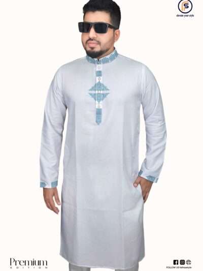 Sophisticated white panjabi with teal floral embroidery. Premium quality fabric with detailed embroidered collar, cuff, and front panel. Perfect for casual wear and religious occasions.