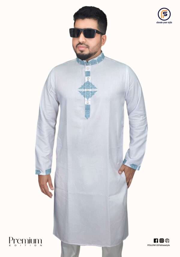 Sophisticated white panjabi with teal floral embroidery. Premium quality fabric with detailed embroidered collar, cuff, and front panel. Perfect for casual wear and religious occasions.