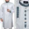Men's white panjabi with teal floral embroidery, collar, and cuff details - Traditional Muslim dress