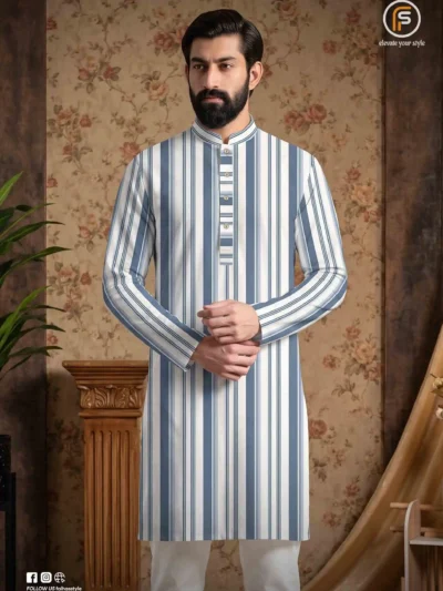 Jafran Classic Panjabi for Men Blue White Stripe | Faiha's Style